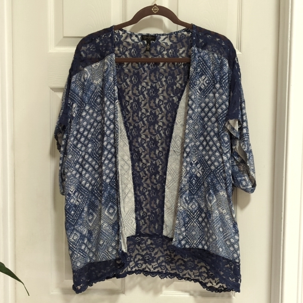 Jessica Simpson Women's Short Sleeve Open Kimono Front Lace Trim Top Size Small